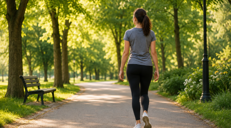 Femme marchant dans un parc entouré d'arbres