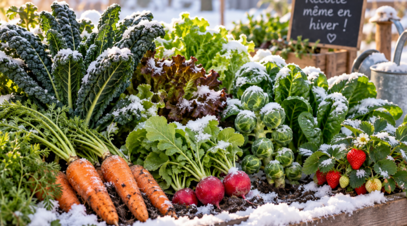 Carottes, radis, choux de Bruxelles, chou frisé et fraises poussant dans un jardin surélevé recouvert de neige