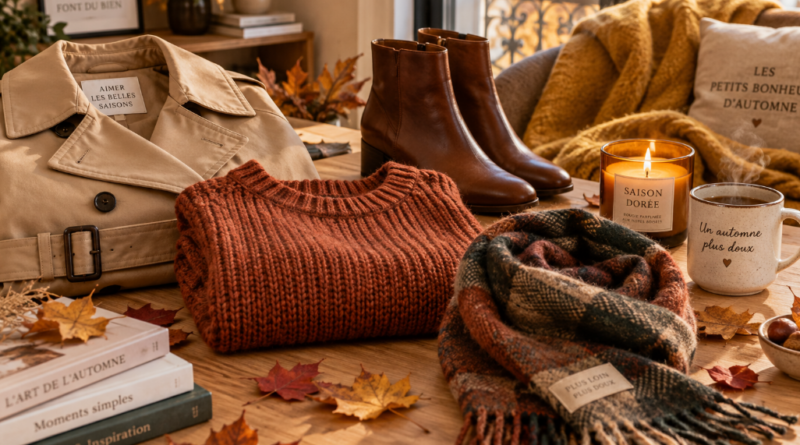 Vêtements et accessoires d'automne : trench, pull en maille, bottines et écharpe