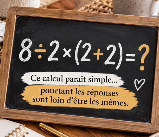 Quiz mathématique Maison Charlotte : 8 ÷ 2 × (2 + 2) = ?, présenté sur une ardoise avec la question « Ce calcul paraît simple… pourtant les réponses sont loin d’être les mêmes ».